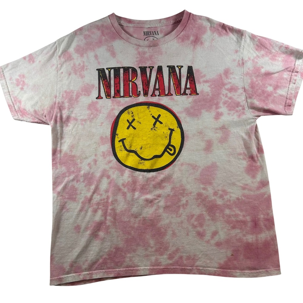 Nirvana Smiley Face Graphic Tie Dye T-Shirt Pink White Mens L‎ Band Tee Rock VTG